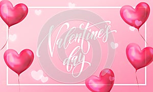 Valentines day greeting card of valentine red heart balloon on pink light shine background. Vector Happy Valentines day text lette