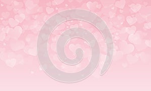 Valentines day greeting card with white transparent hearts on pink background