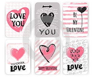 Valentines day greeting cards  set  withhand drawn hand drawn lettering and decorative elements. photo