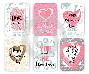 Valentines day greeting cards  set  withhand drawn hand drawn lettering and decorative elements. photo