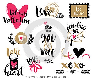 Valentines day hand drawn design elements with calligraphy.