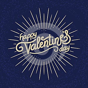 Valentines Day hand made lettering with burst rays. Holiday Vector Illustration. Lettering Composition And Light Rays Or