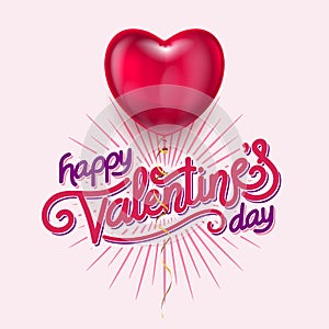 Valentines Day hand made lettering with burst rays. Holiday Vector Illustration. Lettering Composition And Light Rays Or