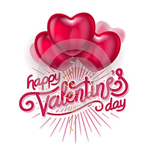 Valentines Day hand made lettering with burst rays. Holiday Vector Illustration. Lettering Composition And Light Rays Or