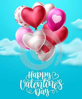 Valentines day heart balloons vector design. Happy valentines day text with colorful bunch of heart balloons
