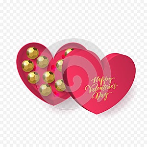 Valentines day heart gift box with chocolate candy in golden wrapper and gold calligraphy text for greeting card. Vector Happy Val
