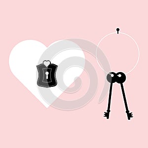 Valentines Day Heart Lock And Black Key, Flat Icon On Pink Background