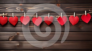 Valentines Day Heart Mark on Rope, Romantic Background with Hanging Red Hearts on Wood