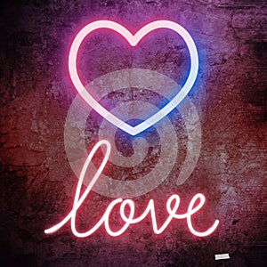 Valentines day heart and neon love text photo