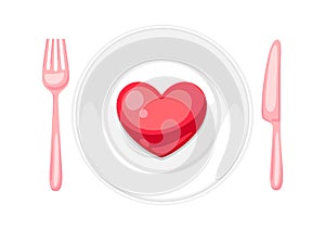 Valentines Day heart on plate with fork and knif.