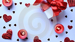 Valentines day heart romantic gift box red love candle on white background. Sainte Valentine mothers day birthday greeting
