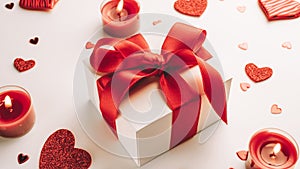 Valentines day heart, romantic gift box, red love candle on white background. Sainte Valentine, mothers day, birthday greeting