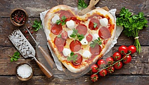 Valentines day heart shaped pizza with pepperoni