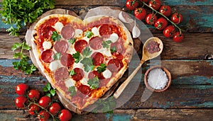 Valentines day heart shaped pizza with pepperoni