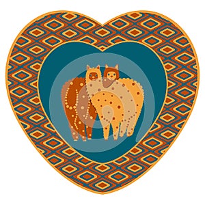 Valentines Day. Heart sticker. Two alpacas stand nearby. Framed heart. Background ethnic motifs