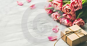 Valentines day holiday background. Bouquet of pink tulips photo