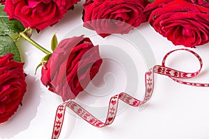 Valentines day holiday composition, ornament. Festive creative pattern, red roses, hearts and ribbon on white background