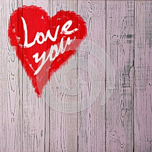 Love You Heart Greeting On Distressed Vintage Grunge Texture Wood Background Painted