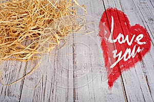 Love You Heart Greeting On Distressed Vintage Grunge Texture Wood Background Painted