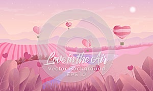 Valentines day horizontal vector background with air ballons in the sky, medow, mountains, river and forest in pink colours and gr