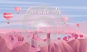 Valentines day horizontal vector background with landscape and with air ballons in the sky, medow, mountains, river and town in pi
