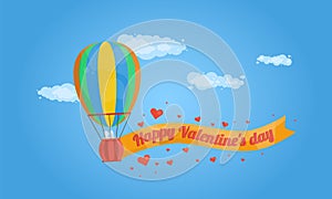 Valentines Day hot air balloon illustration, hot air balloon flight in the sky with hearts floating in the sky. Flat