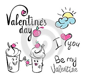 Valentines day. I love you. Vector card with handwritten calligraphy text and red hearts on white background. Ice cream charac