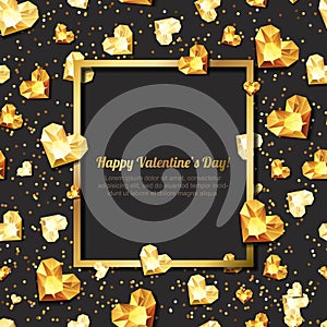 Valentines day illustration. 3d gold heart diamonds, gems, jewels. with square frame with place for text.