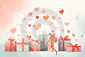 Valentines day illustration. hand-painted gift boxes, hearts, red ribbons in pastel colors