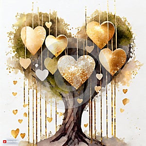 Valentines\' day illustration of tree with hears hanging out, love letter with copy space for text