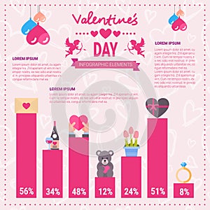 Valentines Day Infographic Banner Set Of Icons Over Template Pink Background With Copy Space