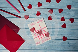 Valentines Day. Instructions for making valentine cards. Text YOU WON MY HEART and tic tac toe game Postcard craft