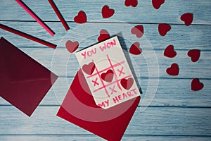 Valentines Day. Instructions for making valentine cards. Text YOU WON MY HEART and tic tac toe game Postcard craft