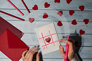 Valentines Day. Instructions for making valentine cards. Text YOU WON MY HEART and tic tac toe game Postcard craft