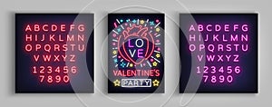 Valentines Day invitation to a party postcard. Neon sign, Design Template, Vivid Anniversary Celebration advertisement
