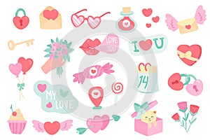 Valentines Day isolated objects set. Collection of heart lock, key, letter, glasses, love potion, rose flowers, kiss, balloon,