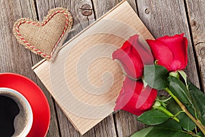 Valentines day letter, coffee cup and red roses