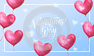 Valentines day lettering text on valentine red heart on blue light pattern background. Vector Happy Valentines day greeting card d
