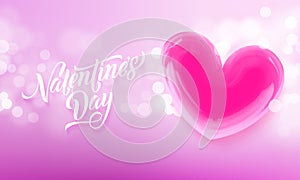 Valentines day lettering text on valentine red heart on pink light pattern background. Vector Happy Valentines day greeting card d