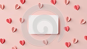 Valentines day love greeting card mockup surrounded by paper hearts in 3D rendering. Pink, white and red colors anniversary