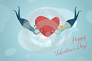 Valentines Day of Love Greeting Card vector design template. Couple in Love holding Heart and Flying on azure background abstract