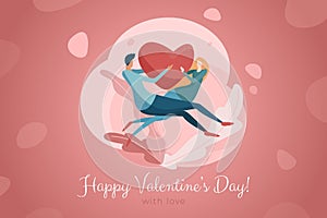 Valentines Day of Love Greeting Card vector design template. Couple in Love holding Heart and levitating
