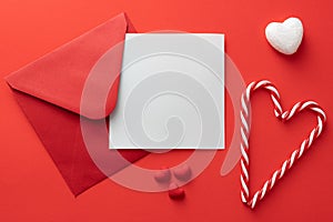 Valentines day love letter Flat lay background