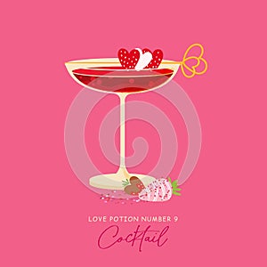 Valentines day love potion cocktail. Red alcohol drink. Romantic holiday beverage vector illustration isolated on pink background