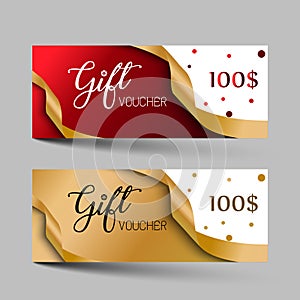 Valentines day luxury gift vouchers set. Red and golden color two design, on gray background. For a festive season Vector illustra