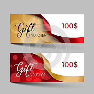 Valentines day luxury gift vouchers set. Red and golden color two design, on gray background. For a festive season Vector illustra
