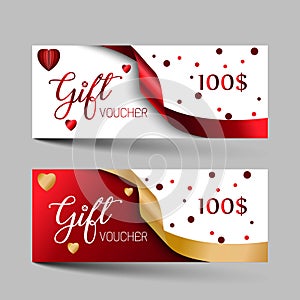Valentines day luxury gift vouchers set. Red and golden color two design, on gray background. For a festive season Vector illustra