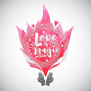 Valentines Day magical illustration, pink watercolor flame