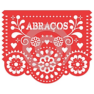 Abracos hugs in Spanish Papel Picado vector greeting card design, Valentine`s Day paper cutout decoration Mexican, love and supp photo