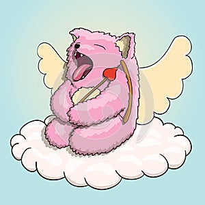 Valentines Day, Mythical Yawning Cupid Pink Cat Tired on the Cloud with Cupid Arrow and Bow